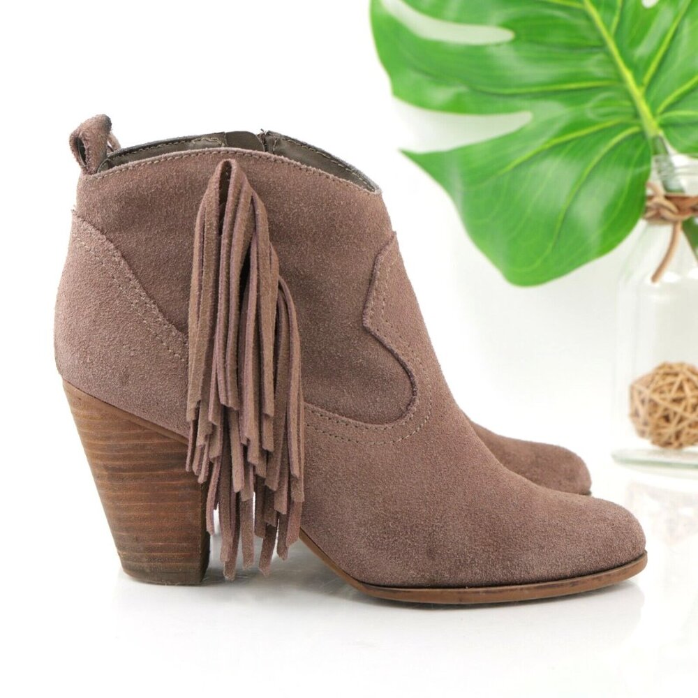 Steve Madden Womens Cian Boot Size 8 Taupe Tan Suede Fringe Block Heel Bootie